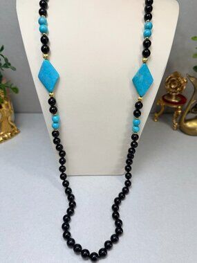 Gorgeous Vintage Long Onyx Turquoise Beaded Necklace Gold Tone Accent Statement